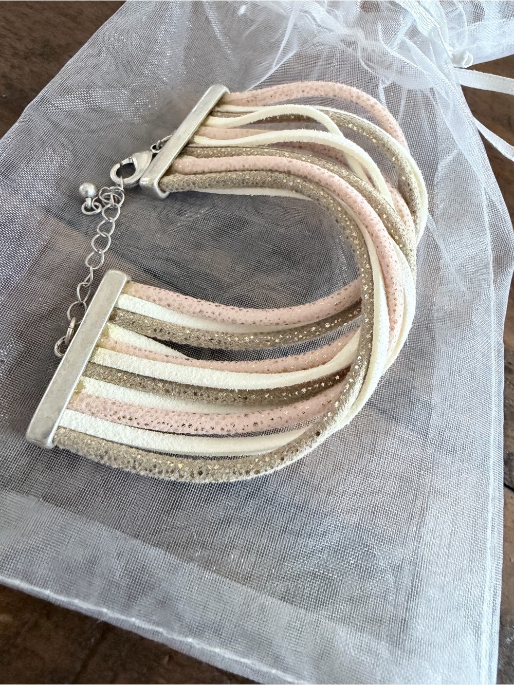 Multi-Strand Suede Ribbon Bracelet - Pink, Cream & Gold